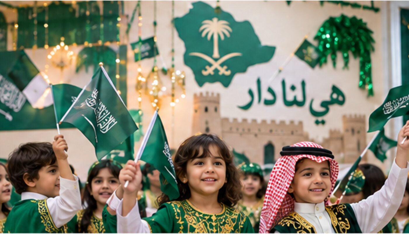 أطفال يحتفلون باليوم الوطني السعودي في مركز وروضة عالم المبدعين بجدة